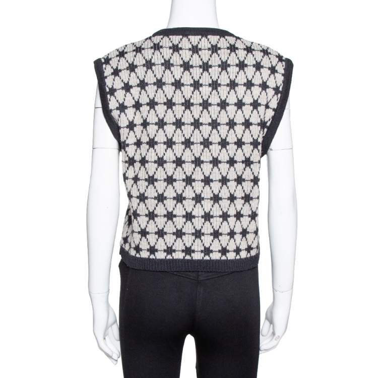 Pre Owned Kenzo Black Patterned Wool Knit Cropped Sleeveless Sweater L