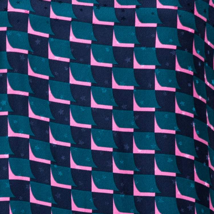 Pre Owned Kenzo Midnight Blue Printed Star Patterned Silk Jacquard Top L
