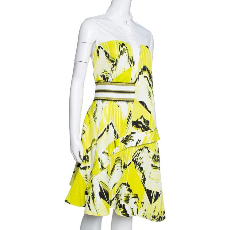 Pre Owned Kenzo Yellow Textured Cotton Mountain Print Sleeveless Collared Dress L