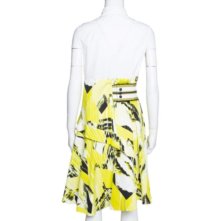 Pre Owned Kenzo Yellow Textured Cotton Mountain Print Sleeveless Collared Dress L
