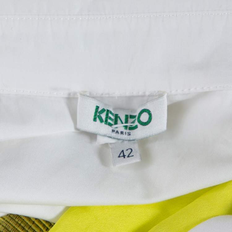 Pre Owned Kenzo Yellow Textured Cotton Mountain Print Sleeveless Collared Dress L