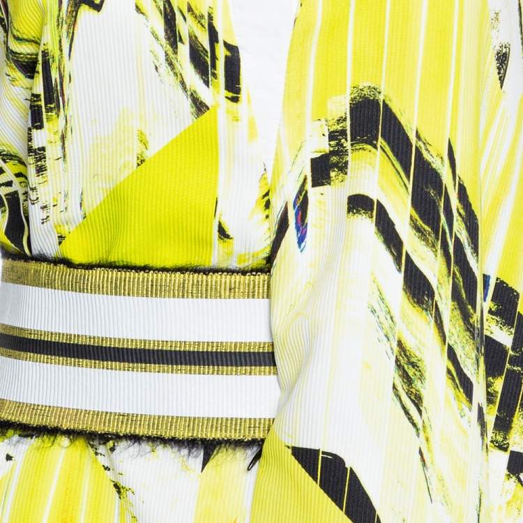 Pre Owned Kenzo Yellow Textured Cotton Mountain Print Sleeveless Collared Dress L
