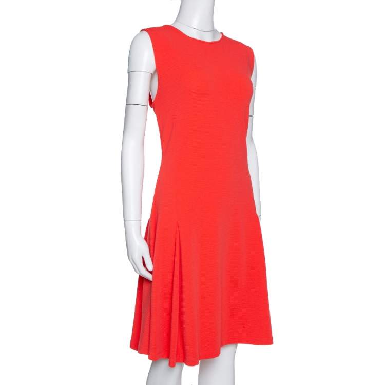 Pre Owned Kenzo Bright Coral Rib Knit Zip Detail Sleeveless Flared Dress XL