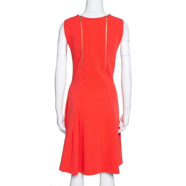 Pre Owned Kenzo Bright Coral Rib Knit Zip Detail Sleeveless Flared Dress XL