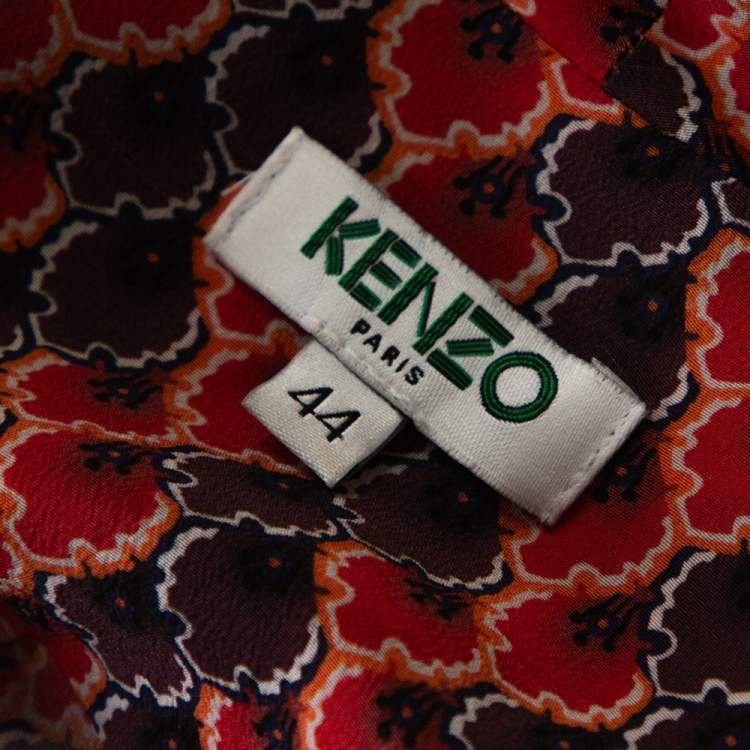 Pre Owned Kenzo Red Printed Silk Neck Tie Detail Long Sleeve Shirt L