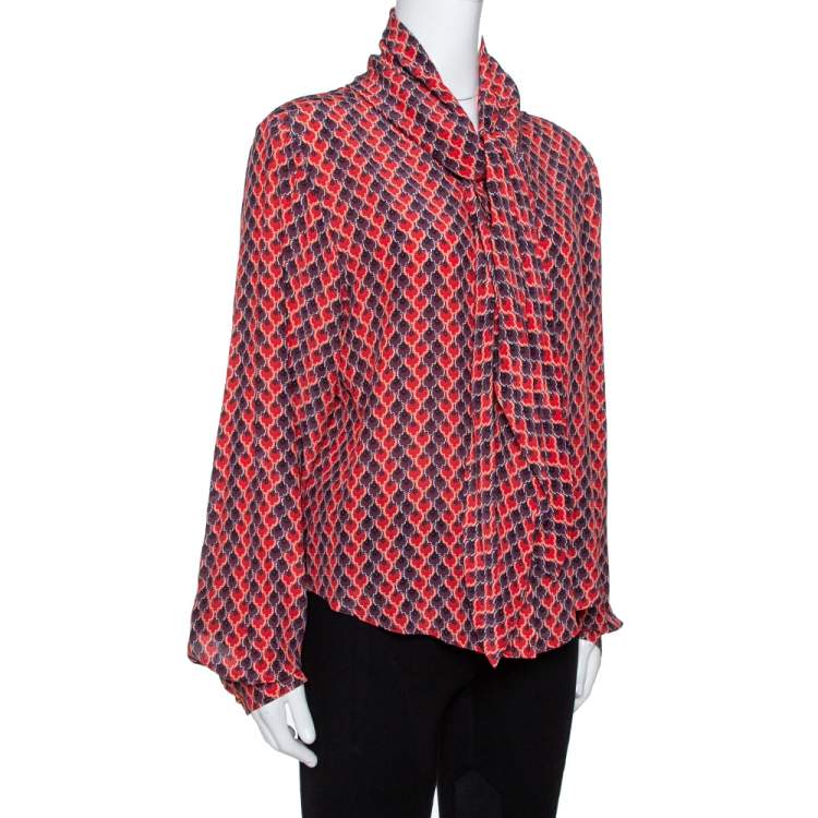 Pre Owned Kenzo Red Printed Silk Neck Tie Detail Long Sleeve Shirt L