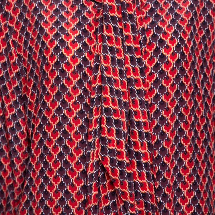Pre Owned Kenzo Red Printed Silk Neck Tie Detail Long Sleeve Shirt L