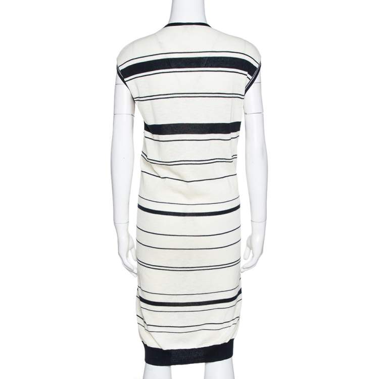 Pre Owned Kenzo Off White & Navy Striped Cotton Knit Sweater Dress L