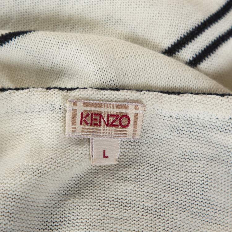 Pre Owned Kenzo Off White & Navy Striped Cotton Knit Sweater Dress L