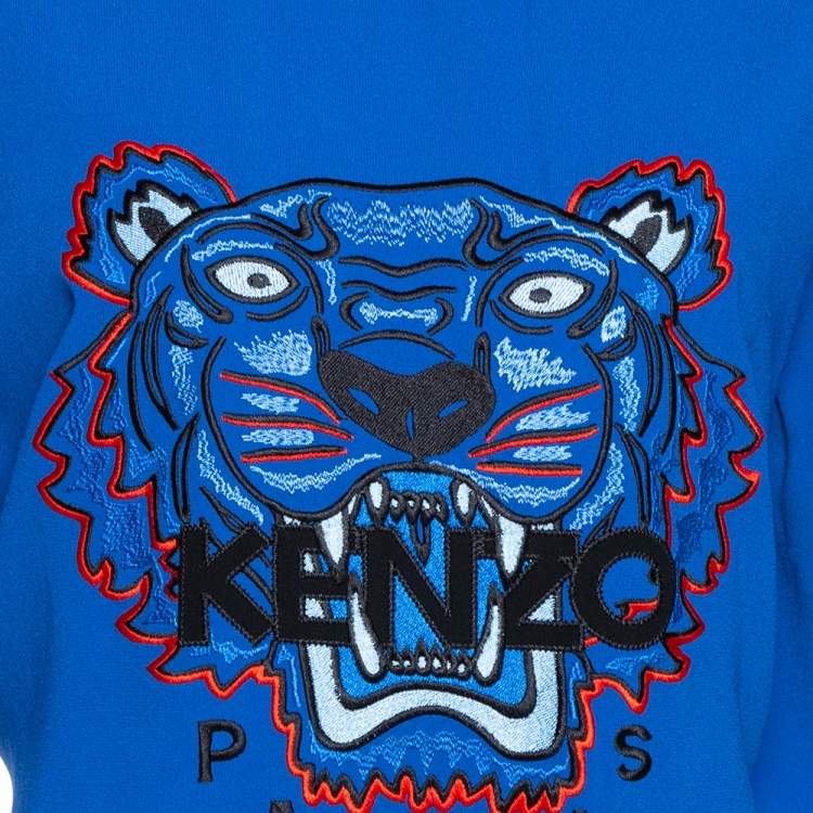 Pre Owned Kenzo Blue Crepe Embroidered Tiger Motif T-Shirt Dress L