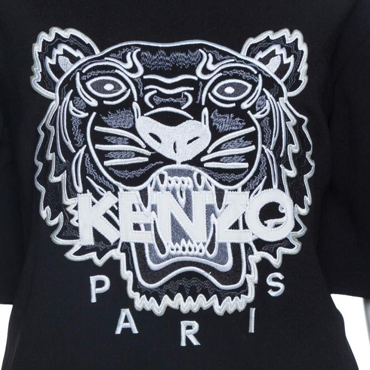 Pre Owned Kenzo Black Crepe Embroidered Tiger Motif T-Shirt Dress M