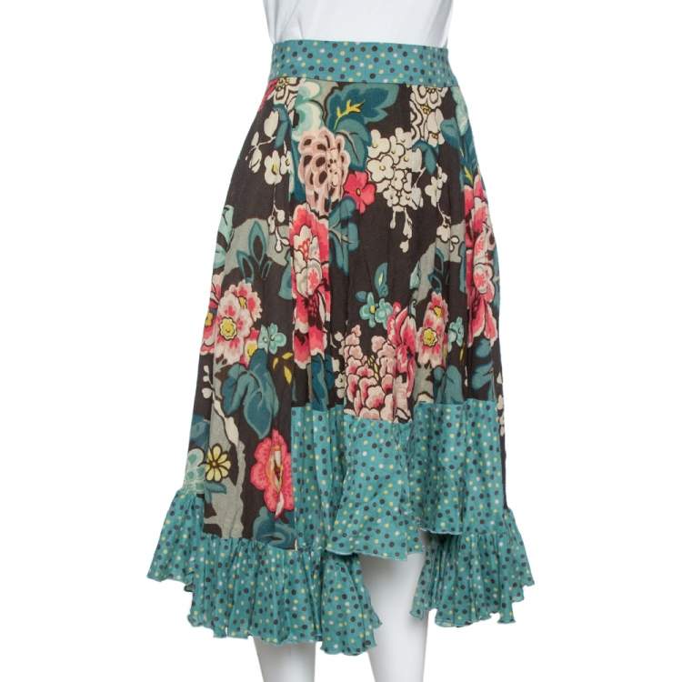 Pre Owned Kenzo Teal Floral Print Wool Crepe Ruffled Midi Skirt M