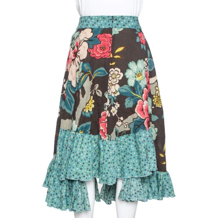 Pre Owned Kenzo Teal Floral Print Wool Crepe Ruffled Midi Skirt M
