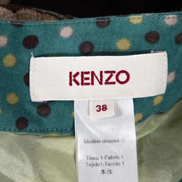 Pre Owned Kenzo Teal Floral Print Wool Crepe Ruffled Midi Skirt M