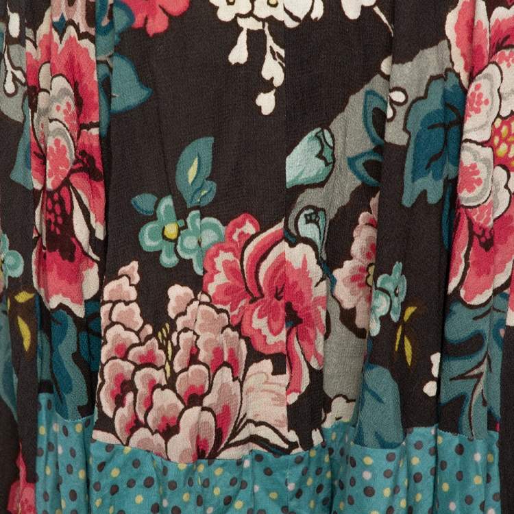 Pre Owned Kenzo Teal Floral Print Wool Crepe Ruffled Midi Skirt M