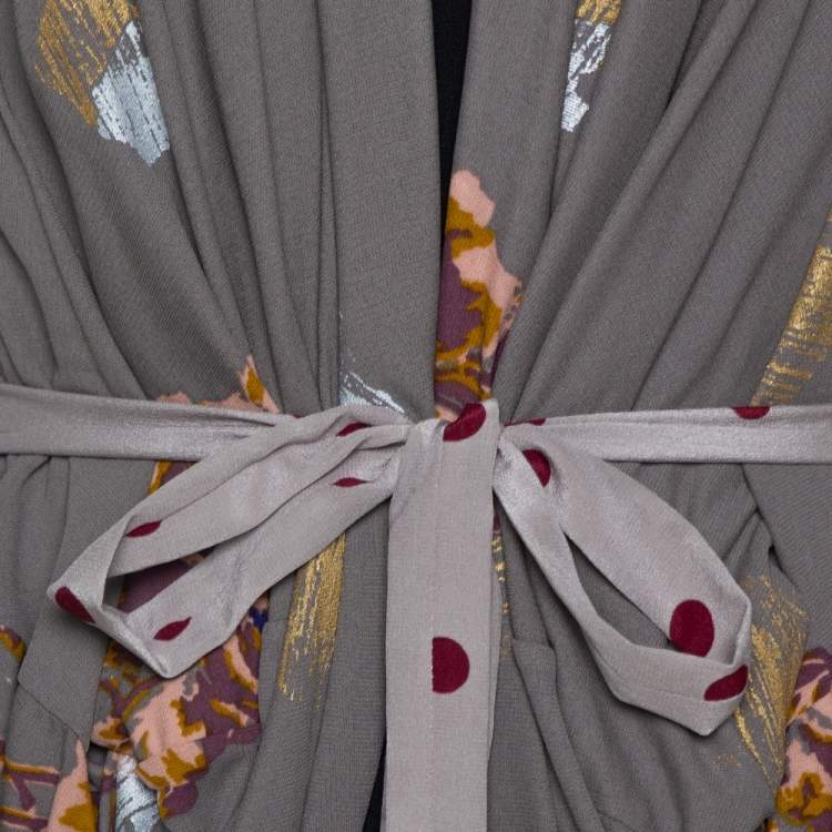 مملوكة مسبقًا Kenzo Grey & Burgundy Silk Polka Dot & Floral Print Belted Kimono S