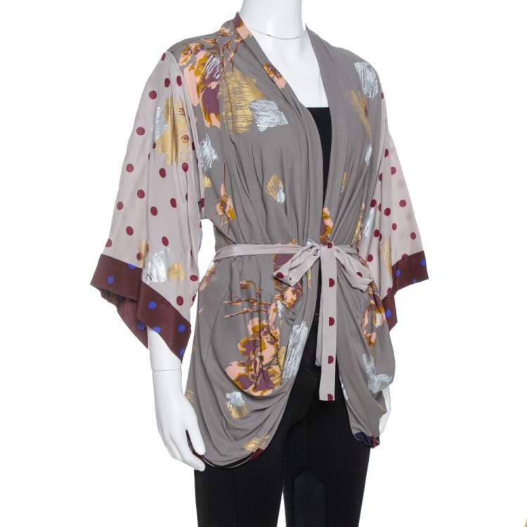 مملوكة مسبقًا Kenzo Grey & Burgundy Silk Polka Dot & Floral Print Belted Kimono S