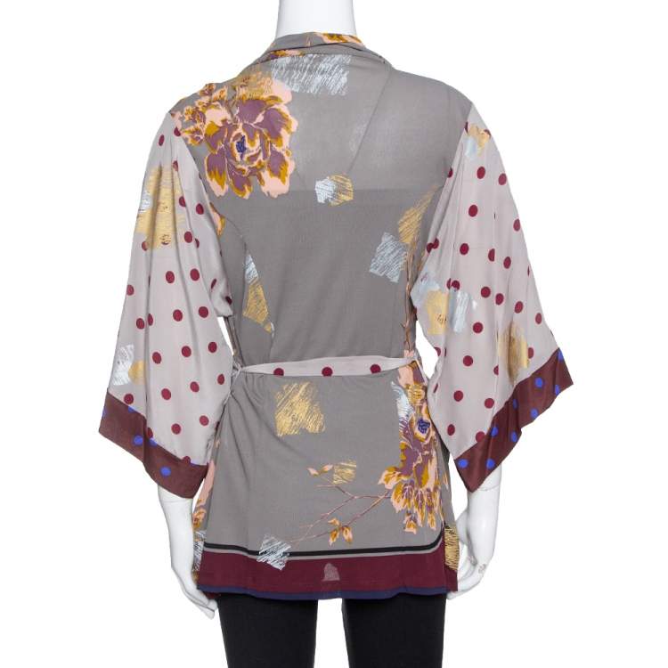 مملوكة مسبقًا Kenzo Grey & Burgundy Silk Polka Dot & Floral Print Belted Kimono S