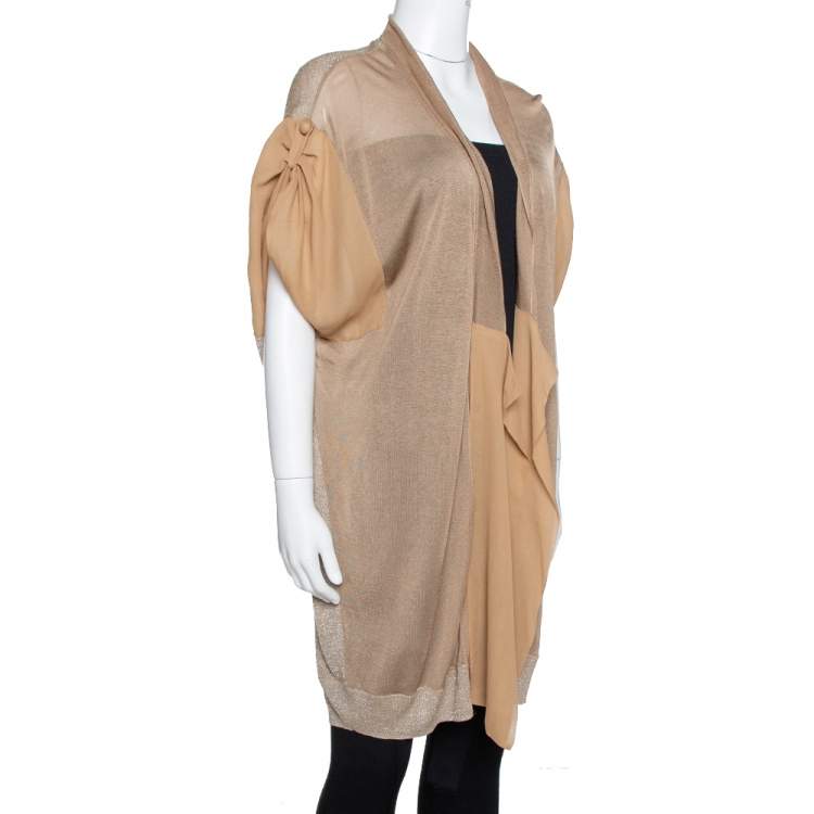 Pre Owned Kenzo Beige Lurex Knit & Chiffon Open Front Long Cardigan L 