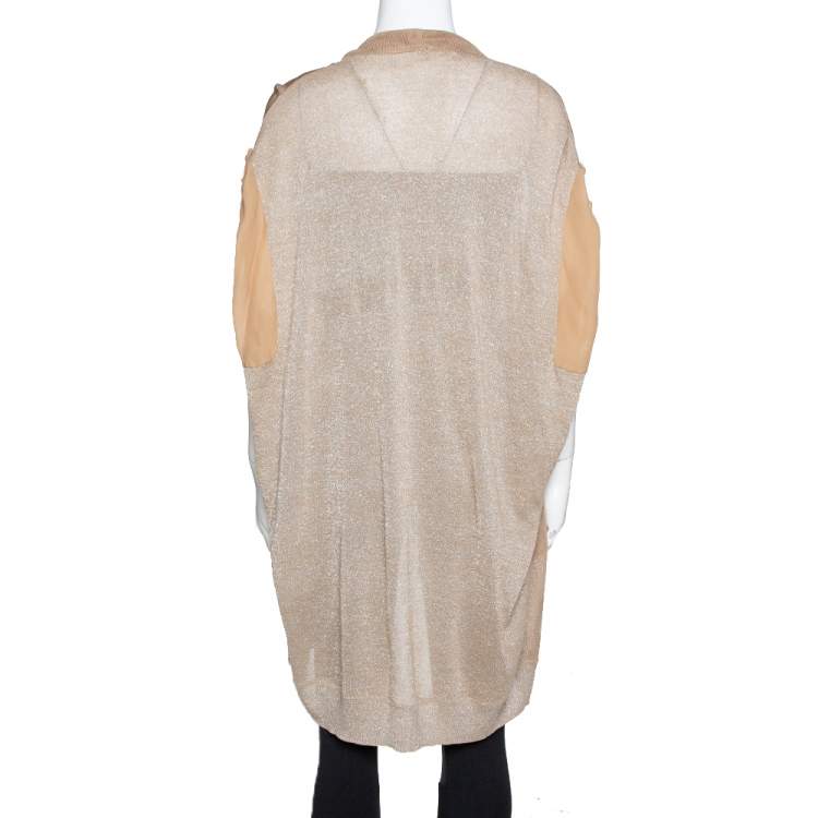 Pre Owned Kenzo Beige Lurex Knit & Chiffon Open Front Long Cardigan L 