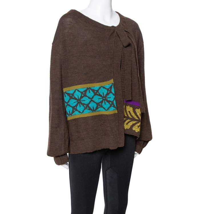 Pre Owned Kenzo Brown Lurex Jacquard Wool Knit Cardigan M