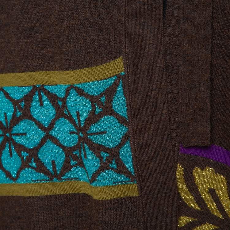 Pre Owned Kenzo Brown Lurex Jacquard Wool Knit Cardigan M