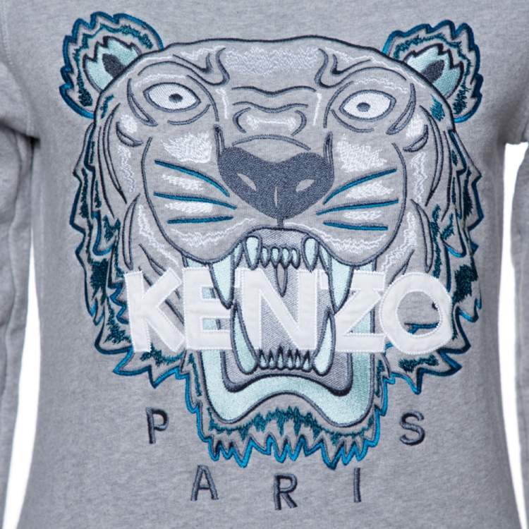 Pre Owned Kenzo Grey Tiger Embroidered Cotton Sweatshirt S