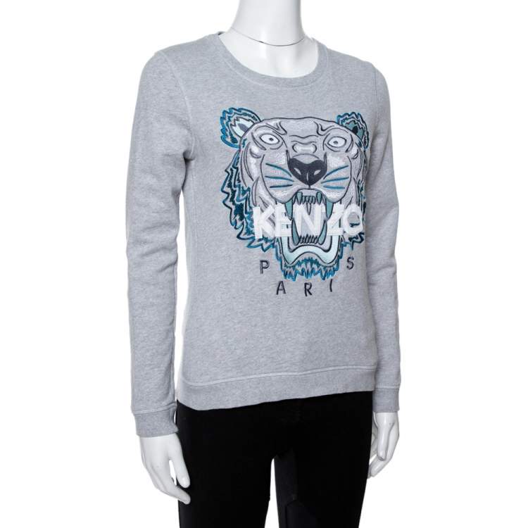 Pre Owned Kenzo Grey Tiger Embroidered Cotton Sweatshirt S
