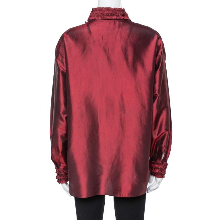 Pre Owned Kenzo Maroon Silk Ruffled Detail Long Sleeve Blouse M 