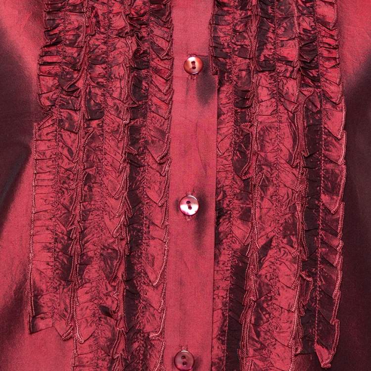 Pre Owned Kenzo Maroon Silk Ruffled Detail Long Sleeve Blouse M 