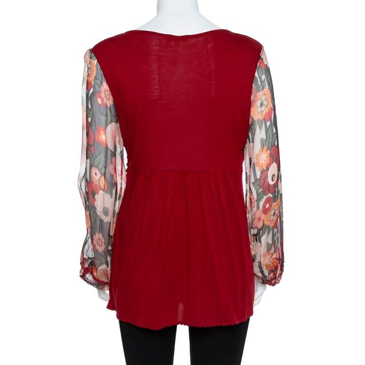 Pre Owned Kenzo Burgundy Cotton Blend Floral Print Long Sleeve Blouse L