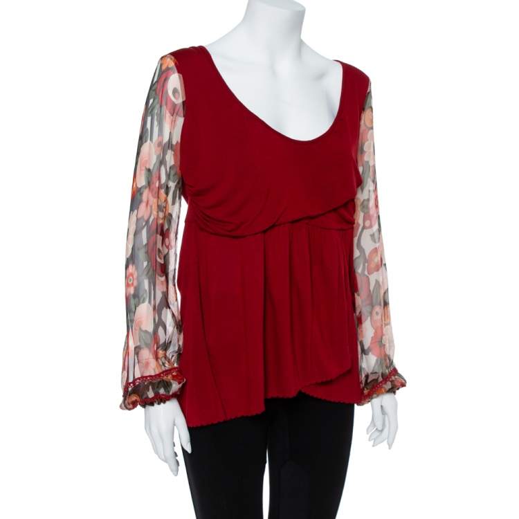 Pre Owned Kenzo Burgundy Cotton Blend Floral Print Long Sleeve Blouse L