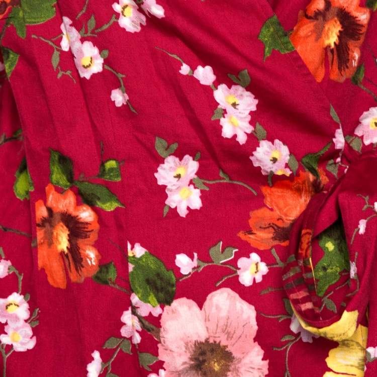 Pre Owned Kenzo Red Floral Print Cotton Wrap Top XL