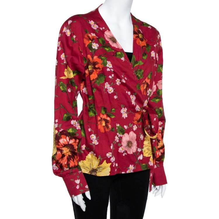 Pre Owned Kenzo Red Floral Print Cotton Wrap Top XL