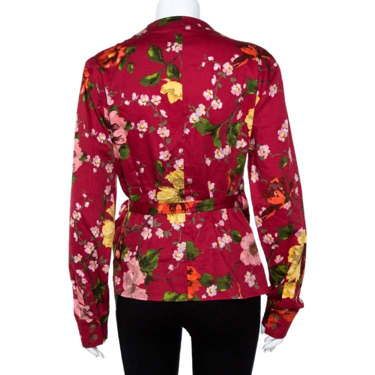 Pre Owned Kenzo Red Floral Print Cotton Wrap Top XL