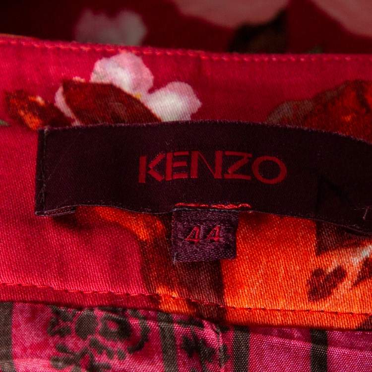 Pre Owned Kenzo Red Cotton Floral Print Pleated Maxi Skirt L