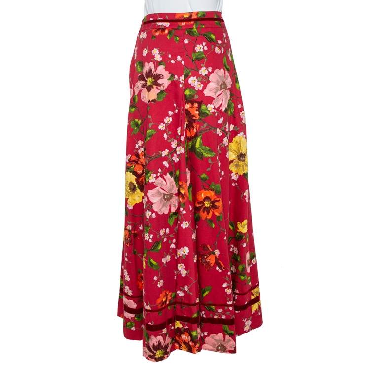 Pre Owned Kenzo Red Cotton Floral Print Pleated Maxi Skirt L