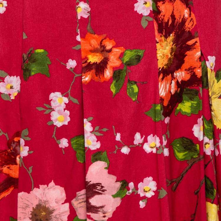 Pre Owned Kenzo Red Cotton Floral Print Pleated Maxi Skirt L