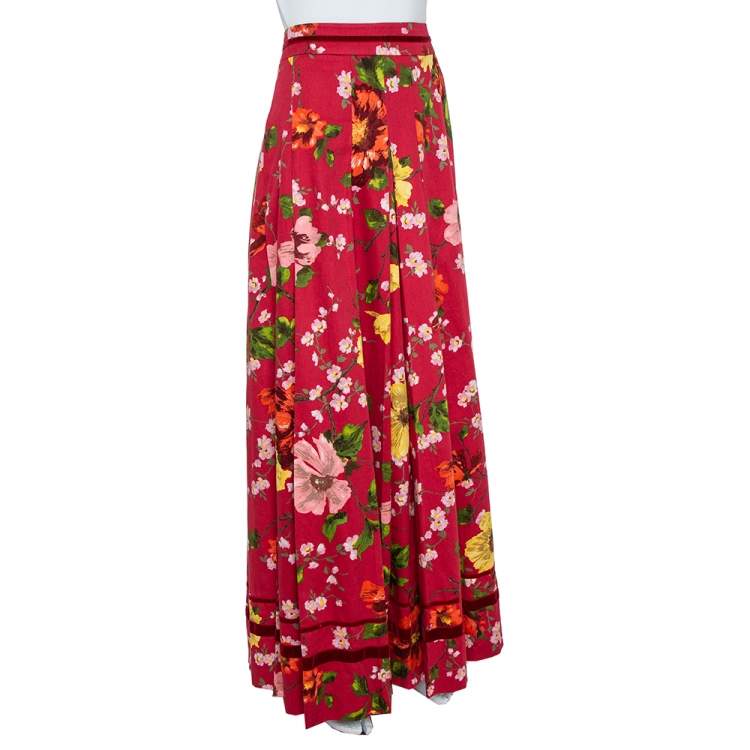 red pleated maxi skirt floral