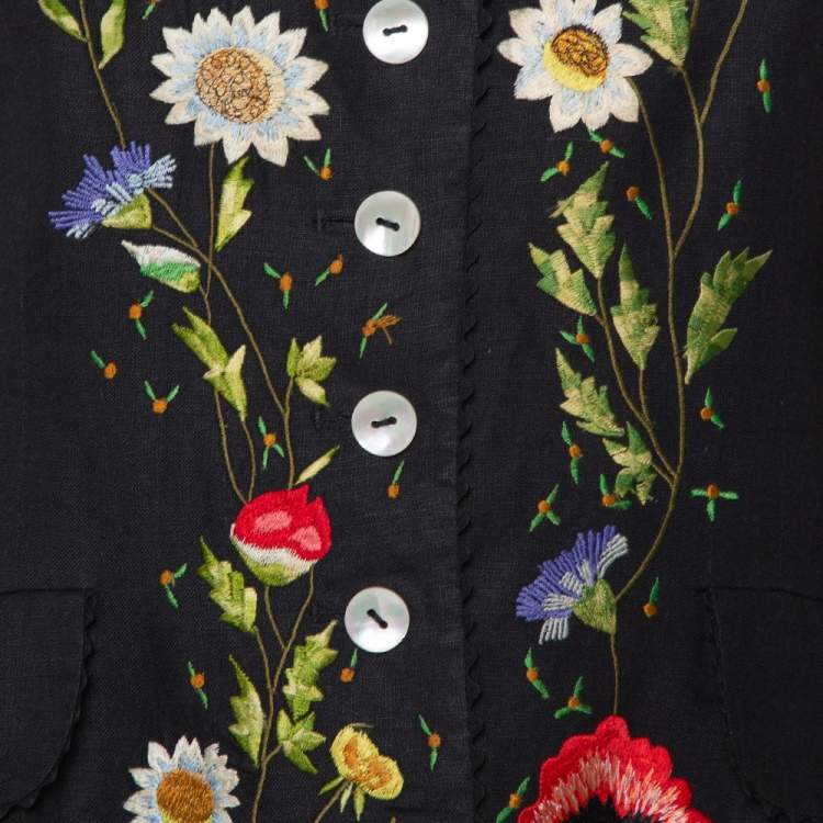 Pre Owned Kenzo Vintage Black Floral Embroidered Linen Button Front Jacket M