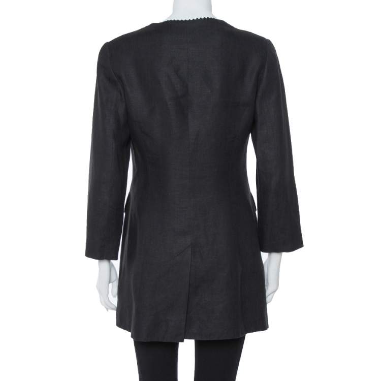 Pre Owned Kenzo Vintage Black Floral Embroidered Linen Button Front Jacket M