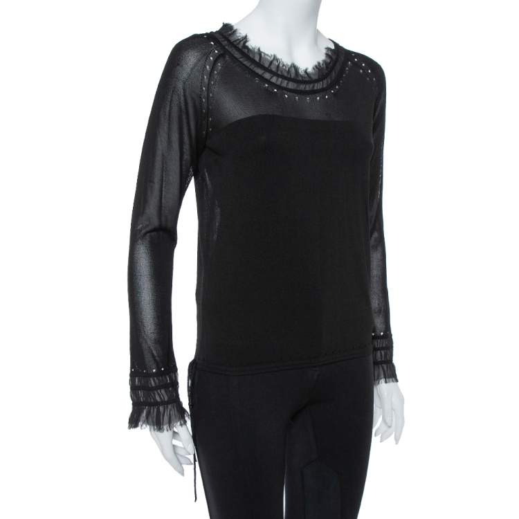 Pre Owned Kenzo Black Knit Waist Tie Detail Long Sleeve Top M