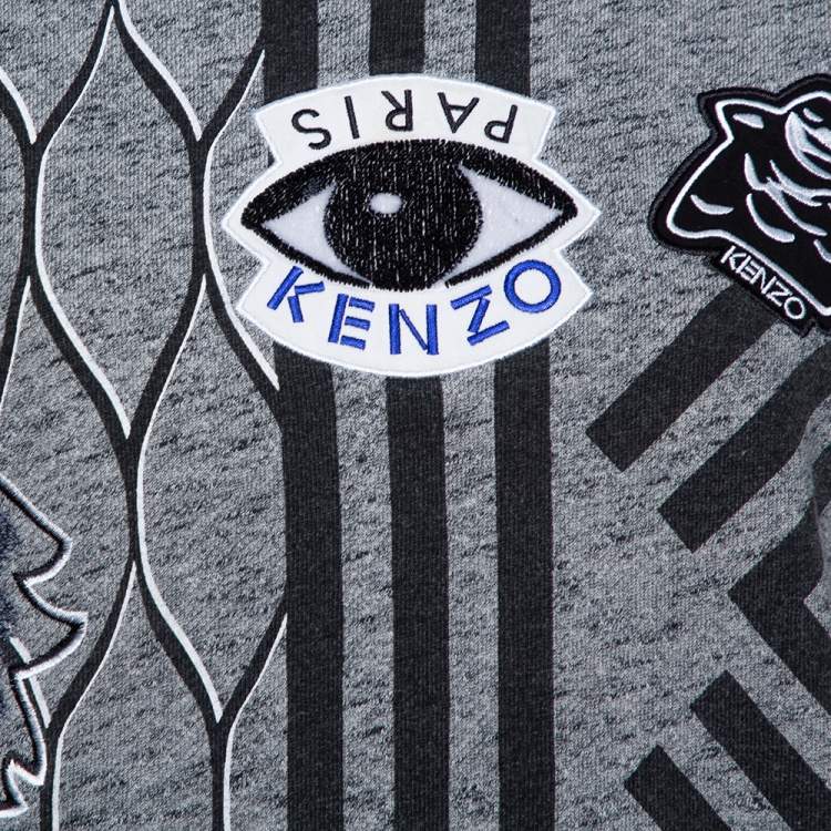 Pre Owned Kenzo Grey Multi Icon Embroidered Logo Applique Long Sleeve Sweatshirt XL
