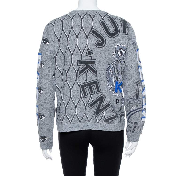 Pre Owned Kenzo Grey Multi Icon Embroidered Logo Applique Long Sleeve Sweatshirt XL