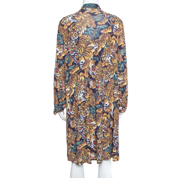 Pre Owned Kenzo Multicolor Flying Tiger Printed Jersey Pleated Hem Detail Dress S