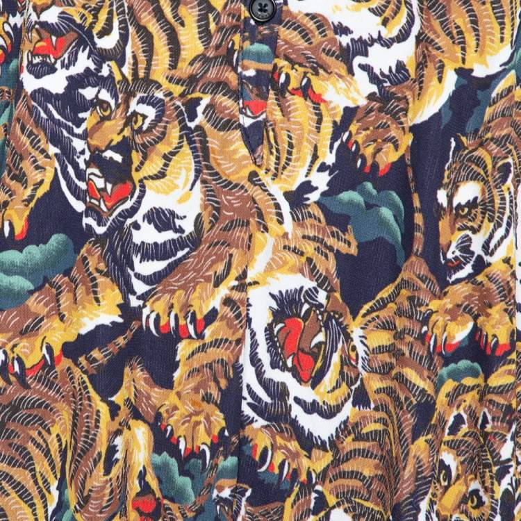 Pre Owned Kenzo Multicolor Flying Tiger Printed Jersey Pleated Hem Detail Dress S