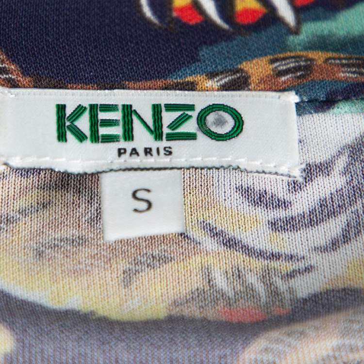 Pre Owned Kenzo Multicolor Flying Tiger Printed Jersey Pleated Hem Detail Dress S