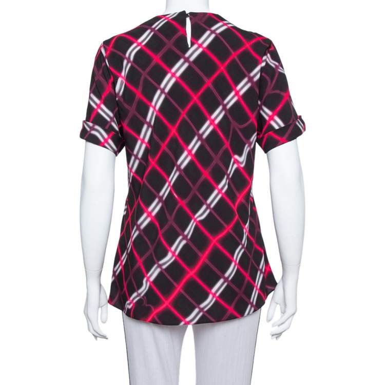 Pre Owned Kenzo Black Plaid Pattern Printed Crepe Waist Inset Tie Detail Top M