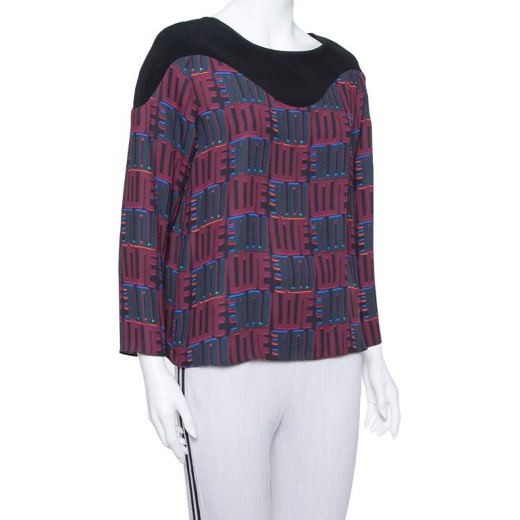 Pre Owned Kenzo Burgundy & Black Printed Crepe Top M