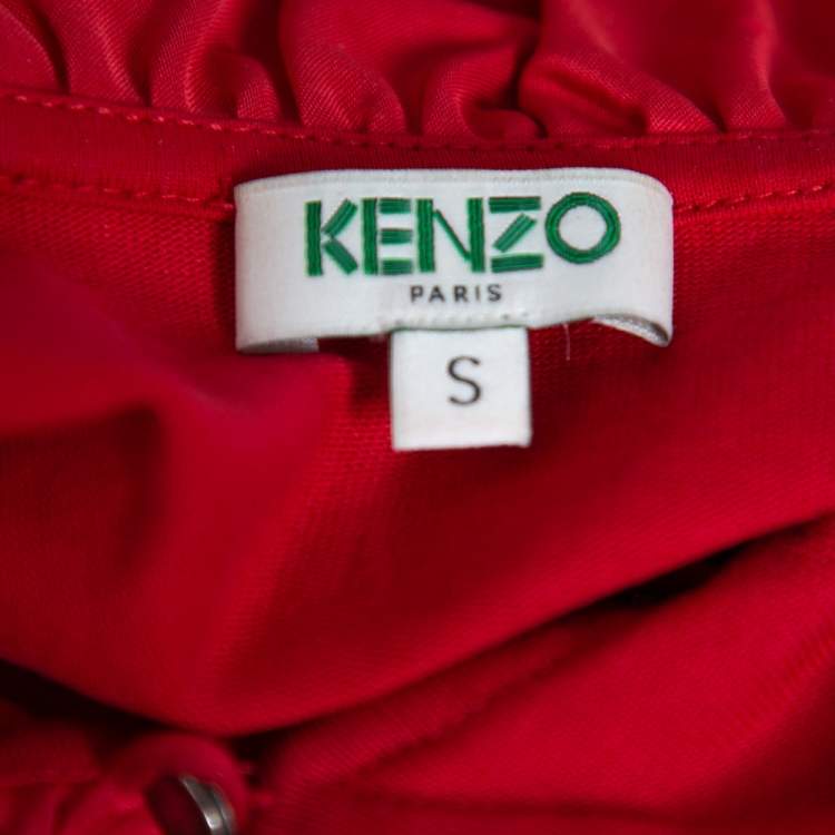 مملوكة مسبقًا Kenzo Red Tiger Logo Embroidered Cotton Ruffle Neck T Shirt S